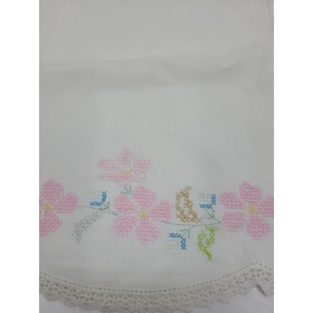 Vintage Handmade Cross Stitch Pillowcase Standard Sz Floral Scalloped Lace Edge